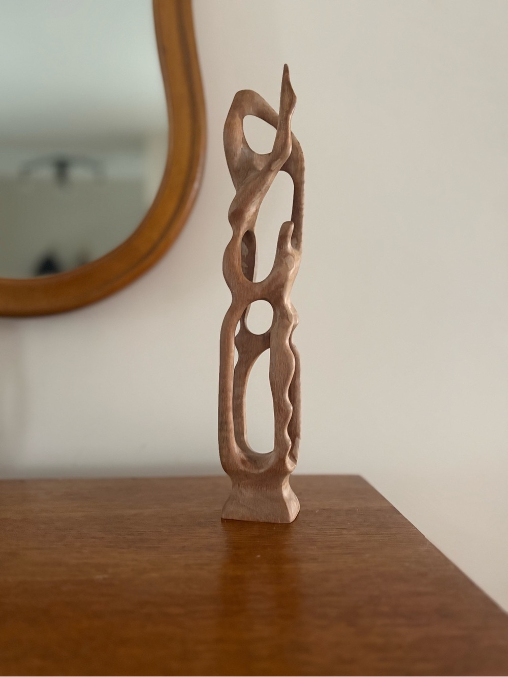 Hand-Carved Abstract MCM Wooden Sculpture - Natural Brown